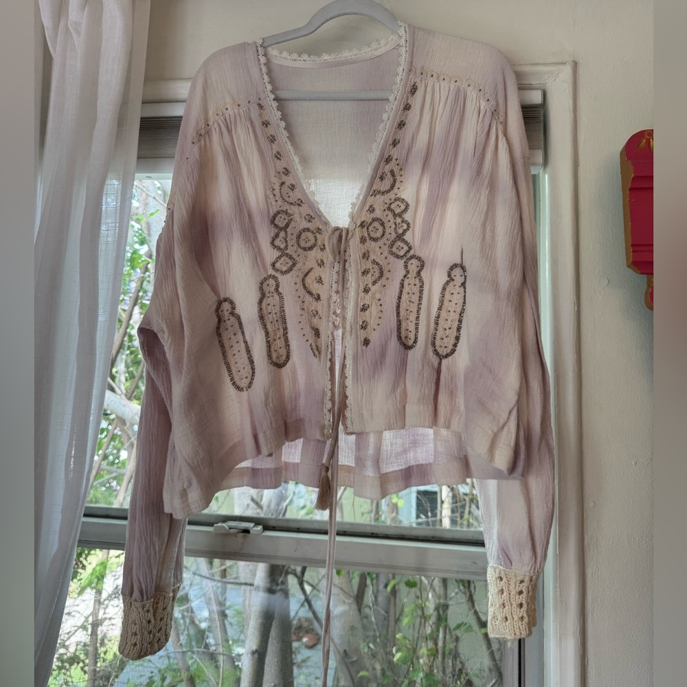 Free People Vintage Lavender Dyed Beaded Embellished / Embroidered Tie Front Top